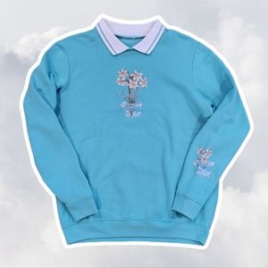 Vintage Embroidered Collared Long Sleeve Pullover Tiffany Blue